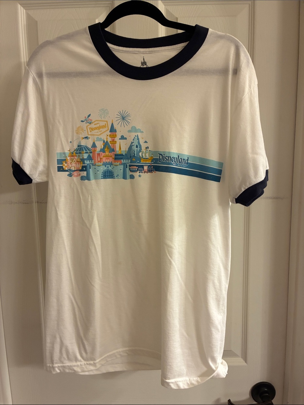 Disney White Ringer Tee with Navy Trim and Castle Graphic